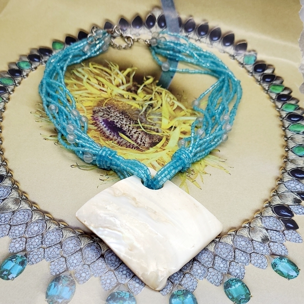 Hand Crafted Isand Blue Seadbead Mother of Pearl Pendant Statement Neckl…
